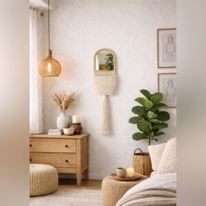 NEW White Cotton Macrame Basket Boho Wooden Mirror Wall Decor Bohemian Cottage